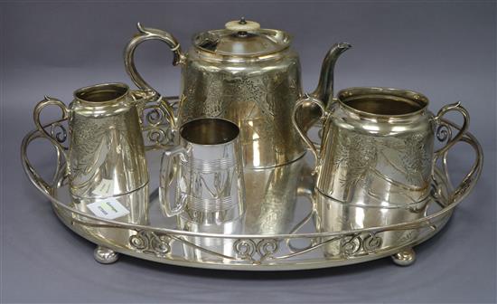 A plated engraved three piece teaset together with an oval plated tea tray tray length 49.5cm (4)